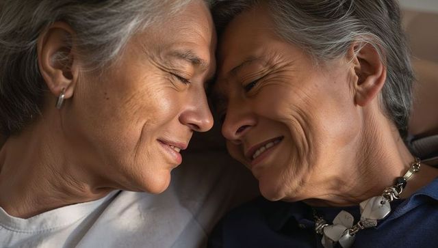 Senior women sharing tender forehead touch, expressing love, companionship, warmth