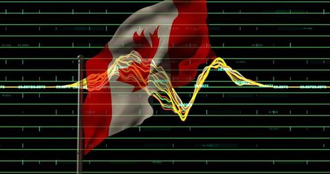 Canadian Flag Overlaid with Digital Chart and Waveforms