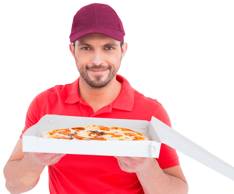 cheerful delivery guy with fresh pizza offers on transparent background - Download Free Stock Videos Pikwizard.com