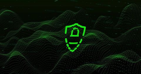 Neon Green Cyber Shield Over Digital Point-Cloud Terrain with Glowing Data Mesh