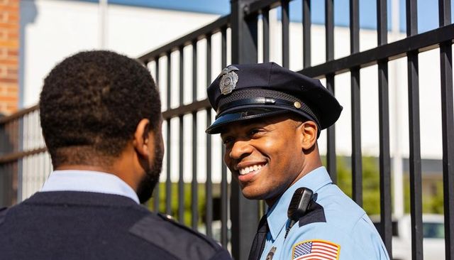 Smiling uniformed police officer engaging with colleague at gated perimeter, urban patrol