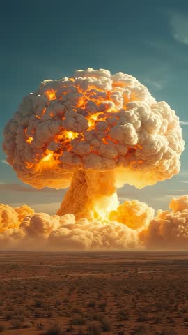 Vertical video of massive fiery mushroom cloud rising over desert after powerful explosion