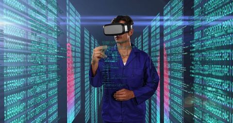 Technician uses vr to navigate digital data in high-tech server room