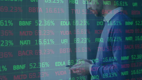 Businessman Using Smartphone with Overlay of Stock Market Data