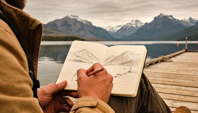 Artist sketching mountain landscape in notebook on dock by tranquil alpine lake with pencil