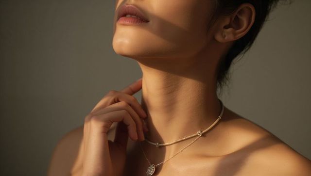Touching neck and tracing collarbone, beaded choker and pendant on warm skin