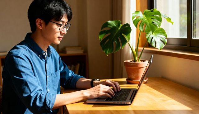 Asian man working from home typing on laptop at sunlit wooden desk with monstera plant