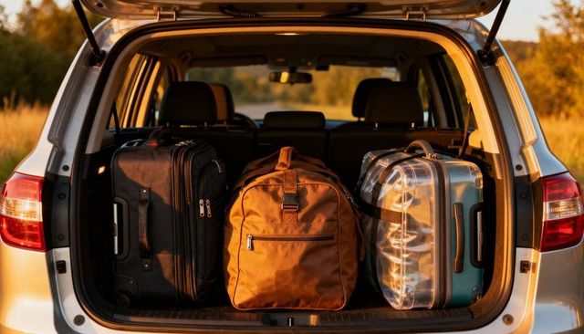 Golden hour luggage in open suv trunk for road trip packing and weekend travel