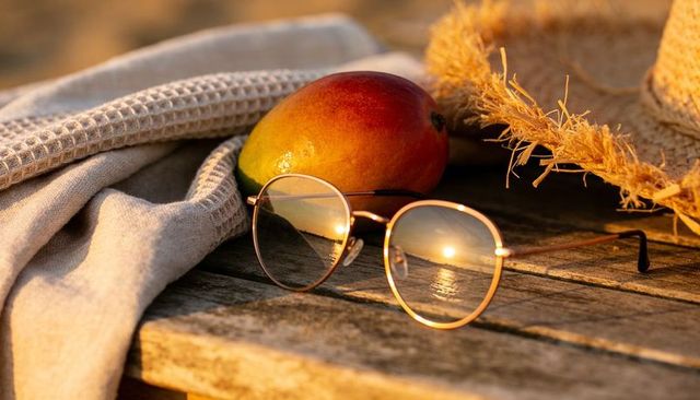 Sunset reflecting in round sunglasses on weathered wood with mango, linen, straw hat