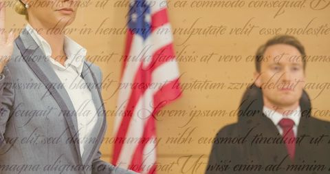 Judge and individual overlap with floating text against patriotic backdrop