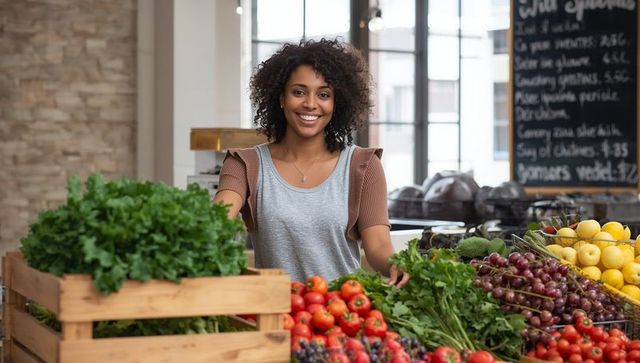 Smiling vendor arranging fresh produce at farmers market