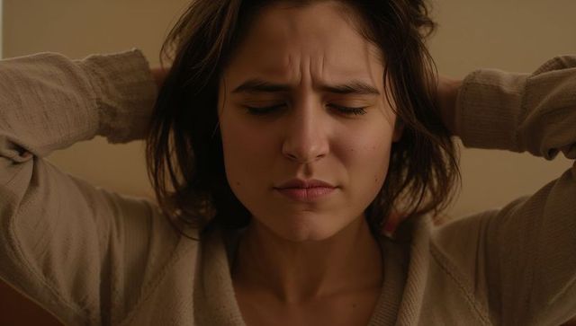 Holding hands behind head showing tension closing eyes, young woman expressing stress