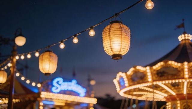 Glowing paper lantern illuminating dusk carnival with carousel lights and neon sign bokeh