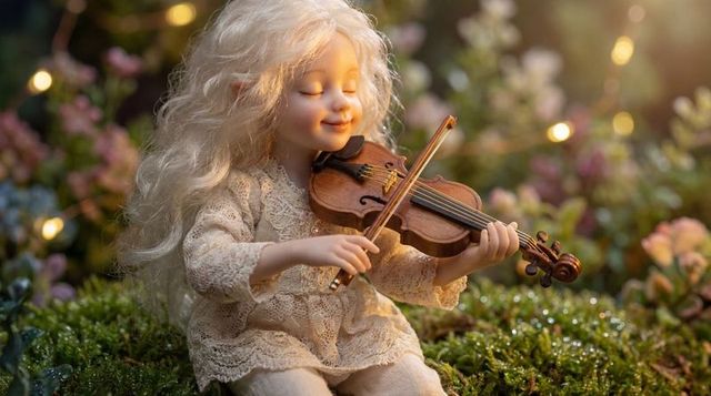 Sunlit fairy doll playing violin on moss bed with cream lace dress and dewy bokeh lights