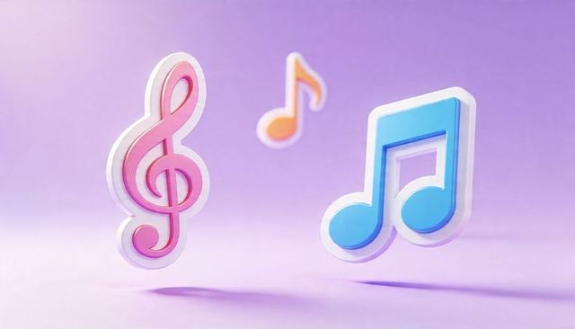Floating 3d music notes and treble clef pastel purple glossy minimalist playful icon