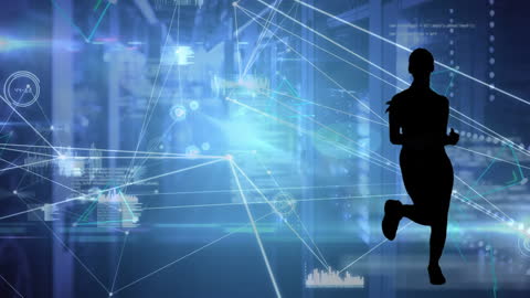 Silhouette of Woman Running through Digital Data Landscape