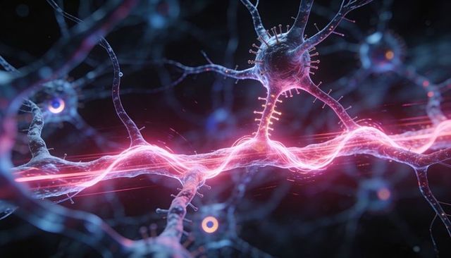 Glowing neuron network with luminescent axon carrying pink electrical wave through neural tissue
