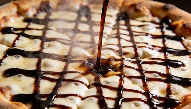 Pouring balsamic glaze over melted mozzarella pizza crust with glossy caramelized finish