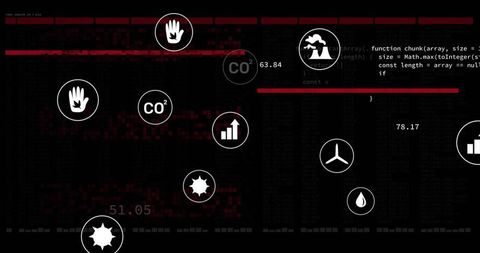 Dark data dashboard displaying live environmental metrics and animated icons co2 water turbine