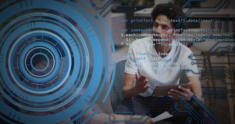 Business presenter gesturing with tablet amid blue HUD and data visualization during team meeting