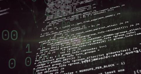 Monospaced source code with translucent binary overlay and teal matrix glow on monitor