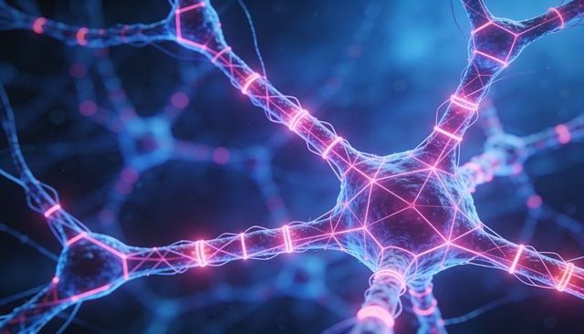 Neon neural network visualization: glowing neuron mesh with synaptic ring connections