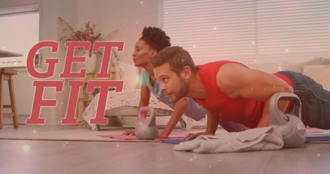 Couple exercising at home with push-ups and kettlebell