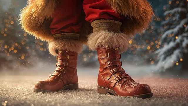Winter festive boots in snow with red fur-trimmed pants