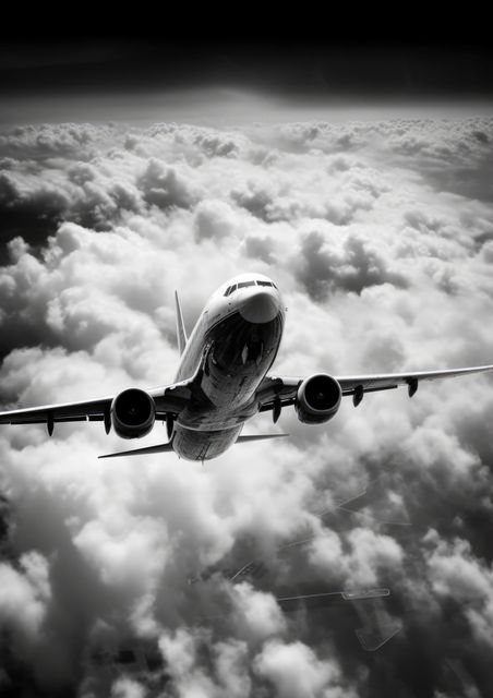 Depicts an impressive view of a commercial airplane flying above dense, billowing clouds in striking black and white tones. Perfect for use in travel-related promotions, aviation-themed content, dramatic visual displays, and artistic video projects seeking a high-contrast, intense atmosphere.