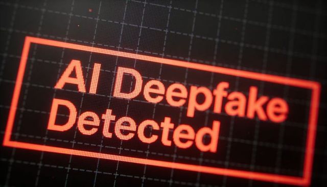 Red neon alert saying ai deepfake detected on grid interface for cybersecurity warning