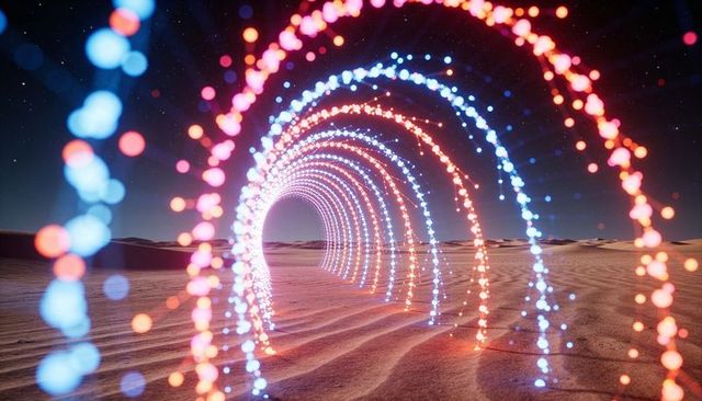 Futuristic neon arch tunnel of glowing rings receding across desert dunes at night