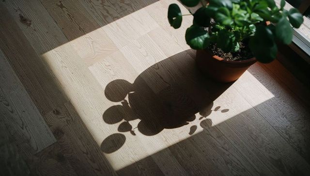 Sunlit potted plant casting circular leaf shadow on oak floor with terracotta pot