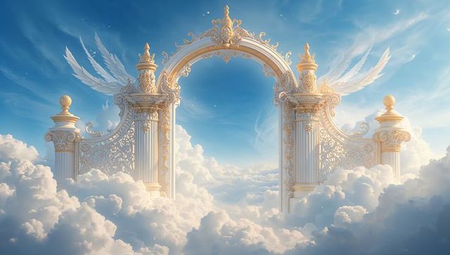 Ornate golden arch floating above clouds with angelic wings and baroque columns heavenly gateway
