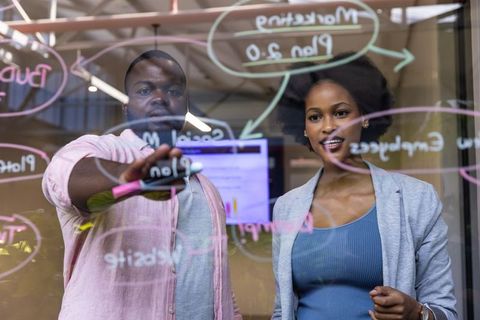 Colleagues brainstorming ideas on glass whiteboard in modern office