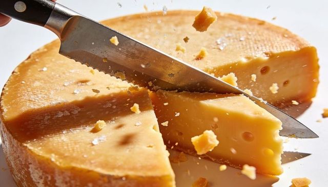 Aged gouda wheel being sliced with serrated knife, crumbly crystals scattering
