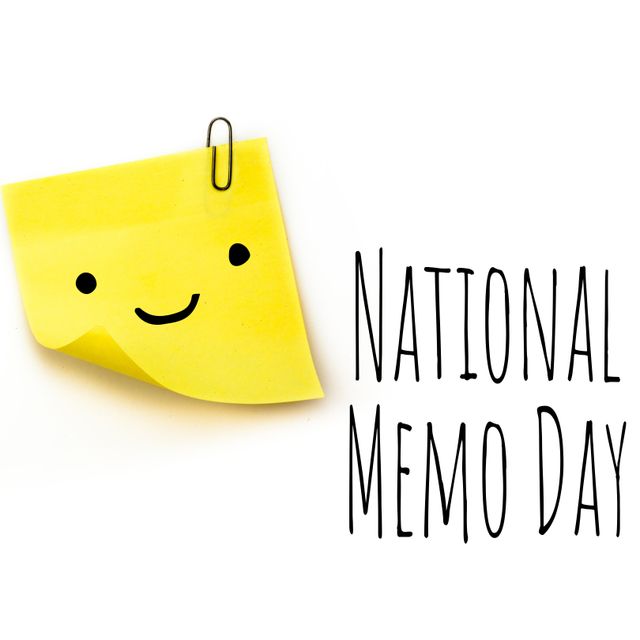 This image shows a yellow sticky note with a smiling face, representing a cheerful celebration of National Memo Day. The sticky note is slightly curled and clipped with a paperclip. This image can be used for promoting organization tips, National Memo Day celebrations, office memos, and fun office reminders.