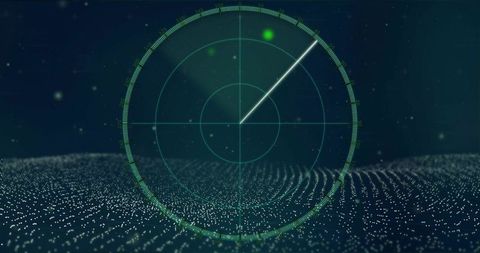 Transparent radar scope sweeping over digital particle field with green target blip hud