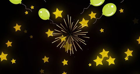 Bright Celebration with Balloons and Fireworks on Starry Night