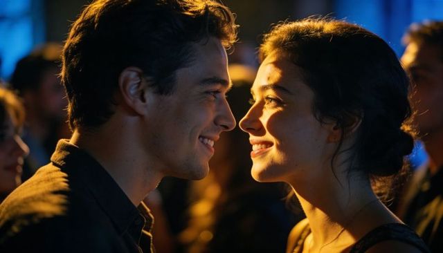 Couple sharing intimate smile during evening party with warm amber and cool blue lighting