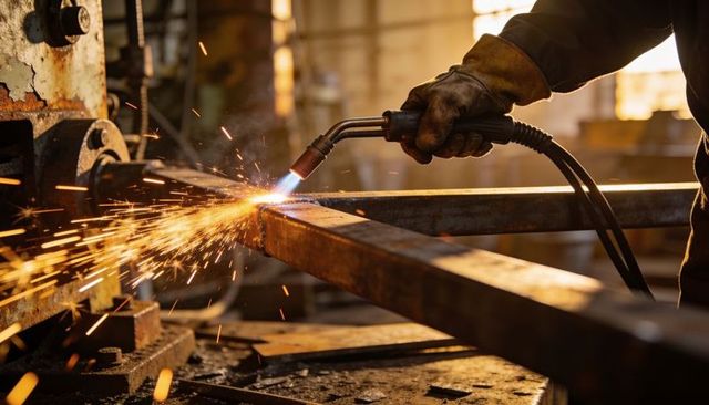 Cutting steel beam with oxy-fuel torch producing sparks in backlit workshop
