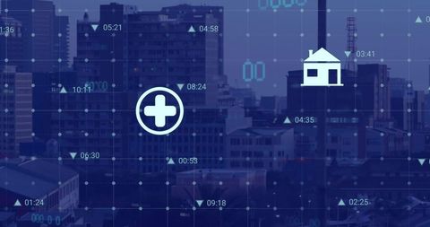 Digital Interface with Data Processing Icons Over Cityscape