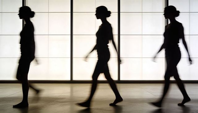 Three women walking in silhouette across backlit grid panels minimalist modern gallery