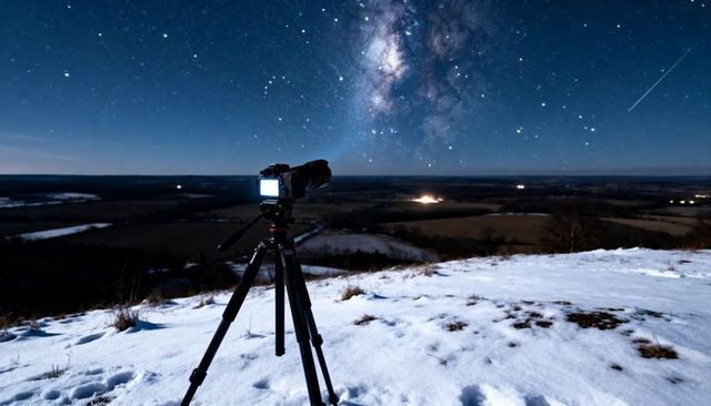Camera capturing milky way and meteor over snowy hilltop with lit lcd on tripod nightscape