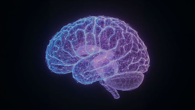 Futuristic Wireframe Brain with Neon Glowing Neural Connections
