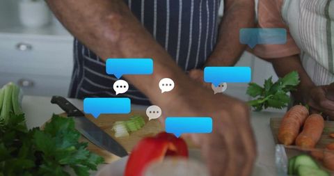 Couple enjoys cooking together with chat interaction