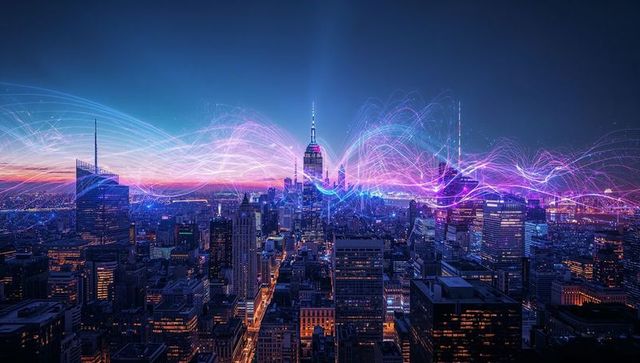 Metropolis skyline glowing with neon data streams and smart city connectivity at dusk