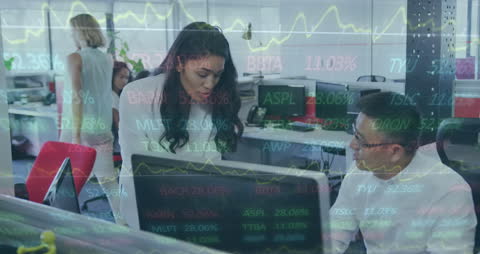 Teamwork in Modern Office Analyzing Stock Market Data Overlay