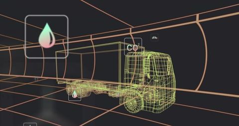 Wireframe Flatbed Truck Rotating in Neon Tunnel with CO2 Droplet Icons