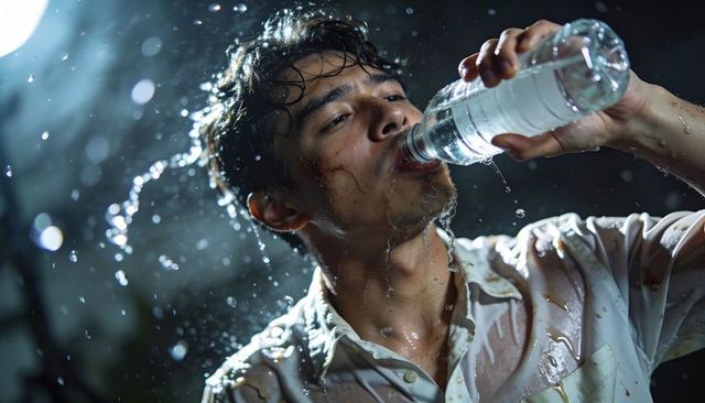 Drenched man drinking water in industrial garage under dramatic backlight and droplets