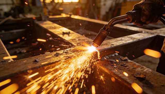 Cutting torch producing shower of sparks on steel beams in industrial metal fabrication